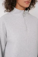 55449 Zippered Collar Knitted Sweatshirt - Gray