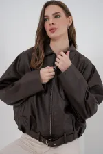 Kadın Kemer Detaylı Deri Ceket 1056 - Kahverengi