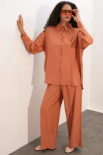 Women's Textured Shirt and Pants Two-Piece Set 6710 - Salmon Women's Textured Shirt and Pants Two-Piece Set 6710 - Salmon