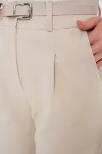 Kadın Pileli Kemerli Kumaş Pantolon 6725 - Krem