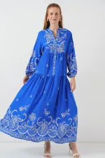 Kadın Desenli Uzun Tesettür Elbise 2585 - Saks