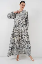 2423 Otantik Desenli Tesettür Elbise - K. Antrasit