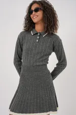 Ensemble deux pièces pour femme : pull à col roulé et jupe en maille - Anthracite (réf. 15907)