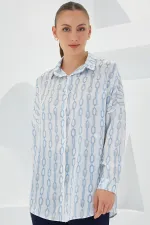 Chemise oversize en satin turquoise et blanc à motifs pour femme 3985