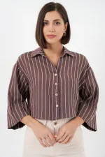 Kadın Çizgili Oversize Kısa Gömlek 20326 - Kahverengi