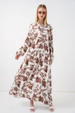 Women's Patterned Long Hijab Dress 2585 - Tan