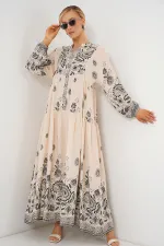 Robe hijab à motifs authentiques 2423 - Noir - Crème