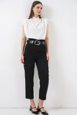 6556 Kemerli Kumaş Pantolon - Siyah