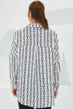 Women's Black and White Patterned Oversize Satin Shirt 3985