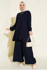 Women's Navy Blue Tunic Trousers Top and Bottom Set 6663
