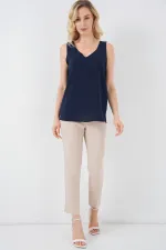 V Yaka Sıfır Kol Bluz 950 - Lacivert