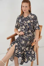 Kadın Kısa Kol Desenli Elbise 2560 - Lacivert