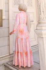 Kadın Desenli Uzun Tesettür Elbise 2586 - Pembe