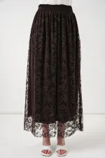 Kadın Flok Baskılı Astarlı Etek 8076 - Kahverengi