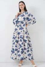 Kadın Lilyum Kumaş Uzun Tesettür Elbise 2593 - İndigo