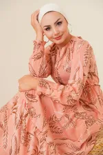 2145 Desenli Tesettür Elbise - Pudra