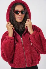 5193 Hooded Plush Crop Jacket - Claret Red