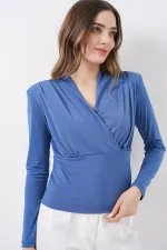 Women's Wrap-Around Blouse with Shoulder Pads 942 - Indigo Women's Wrap-Around Blouse with Shoulder Pads 942 - Indigo