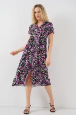 Robe fleurie à manches courtes boutonnée pour femme 2561 - Noire