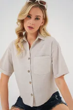 Kadın Keten Görünümlü Crop Gömlek 20339 - Krem