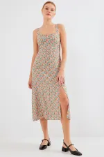 2282 Yırtmaçlı Askılı Viskon Elbise - Çok Renkli