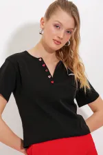 Women's Black Button Detailed Short Sleeve T-Shirt 903 Women's Black Button Detailed Short Sleeve T-Shirt 903