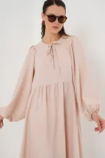 Robe longue hijab à manches ballon pour femme 2464 - Beige