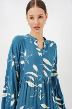 Kadın Desenli Uzun Tesettür Elbise 2585 - Petrol