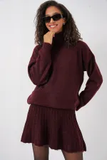 15891 Sweater Skirt Knitwear Two Piece Set - Claret Red