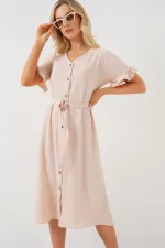 Women's Short Sleeve Buttoned Dress 2555 - Cream