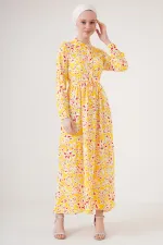 2144 Hakim Yaka Tesettür Elbise - Sarı