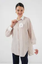 Kadın Uzun Çizgili Gömlek 5962 - Bej