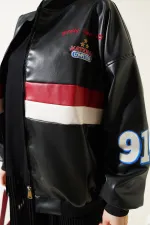 T0698 Baskılı Suni Deri Bomber Ceket - Siyah