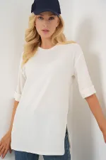 4332 Yanı Yırtmaçlı Örme Tişört - Beyaz