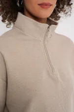 55449 Zippered Collar Knitted Sweatshirt - Cream