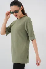 4332 Yanı Yırtmaçlı Örme Tişört - Çağla