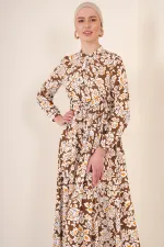 2144 Hakim Yaka Tesettür Elbise - Kahverengi