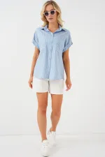 Women's Short Sleeve Striped Oversize Shirt 20303 - Blue