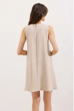 2444 Mini Keten Elbise - Bej