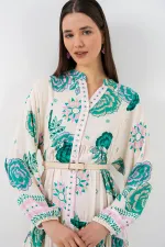 Kadın Desenli Uzun Tesettür Elbise 2585 - Yeşil 1