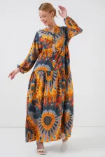 2423 Otantik Desenli Tesettür Elbise - L. Turuncu