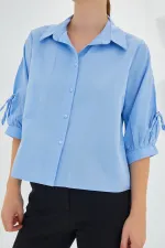 Women's Sleeve Detailed Blue Crop Shirt 20246
