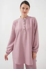 6678 Keten Tunik Pantolon İkili Takım - Gül Kurusu