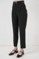 Kadın Pileli Kemerli Kumaş Pantolon 6725 - Siyah