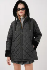 5197 Kapüşonlu Kapitone Mont - Siyah