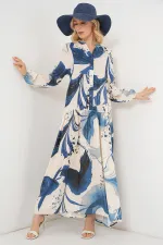 Kadın Desenli Uzun Tesettür Elbise 2585 - Lacivert