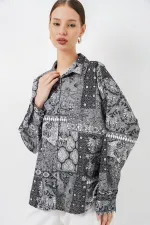 Women's Oversize Patterned Satin Shirt 20365 - Anthracite