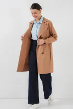 5864 Kruvaze Yaka Kısa Trençkot - Taba