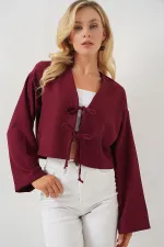Önü Bağlamalı Keten Kimono 960 - Bordo