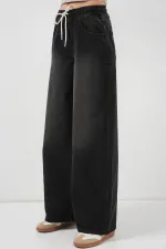 Kadın Bol Paça Kot Pantolon 6705 - Siyah